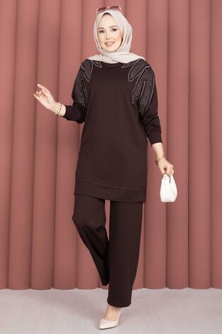 Omzu Taşlı Tunik Pantolon İkili Takım Kahve