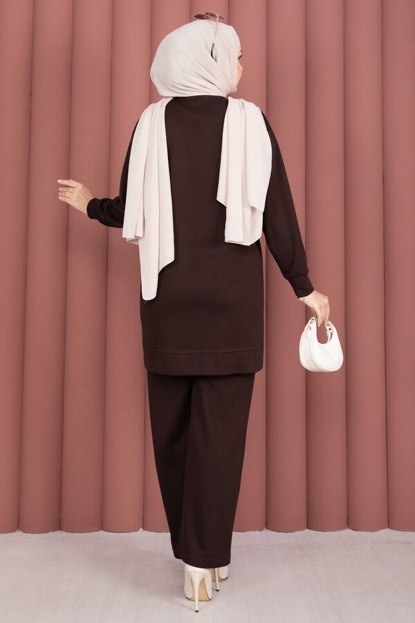 Omzu Taşlı Tunik Pantolon İkili Takım Kahve - 4