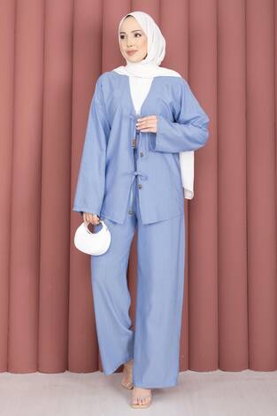 Önden Bağcık Detaylı Pantolonlu İkili Takım Bebe Mavisi - Thumbnail