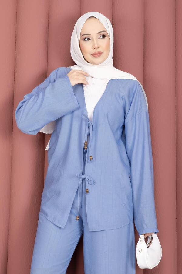 Znk - Önden Bağcık Detaylı Pantolonlu İkili Takım Bebe Mavisi (1)