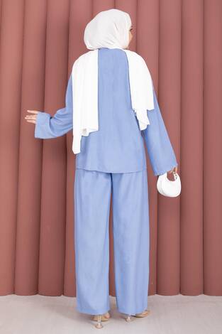 Önden Bağcık Detaylı Pantolonlu İkili Takım Bebe Mavisi - Thumbnail