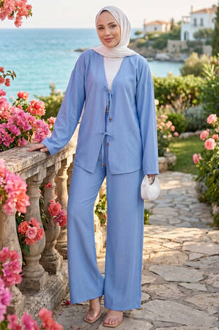 Önden Bağcık Detaylı Pantolonlu İkili Takım Bebe Mavisi - Thumbnail