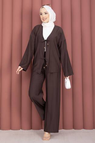 Önden Bağcık Detaylı Pantolonlu İkili Takım Kahve - Thumbnail
