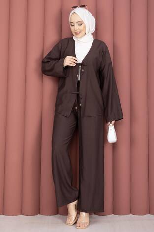 Önden Bağcık Detaylı Pantolonlu İkili Takım Kahve - Thumbnail