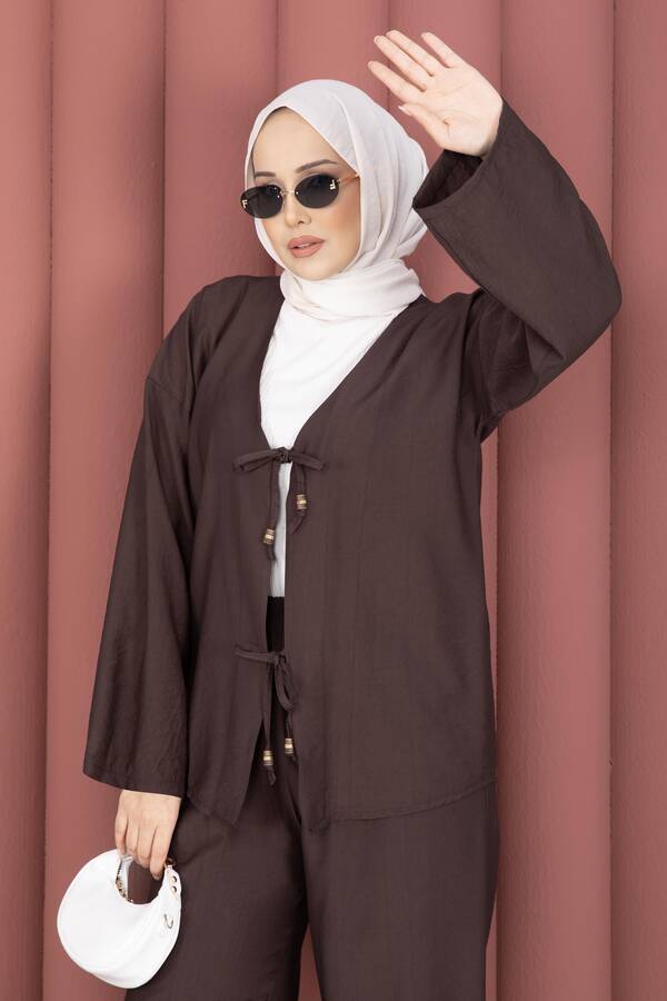 Znk - Önden Bağcık Detaylı Pantolonlu İkili Takım Kahve (1)