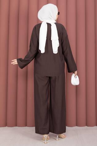 Önden Bağcık Detaylı Pantolonlu İkili Takım Kahve - Thumbnail