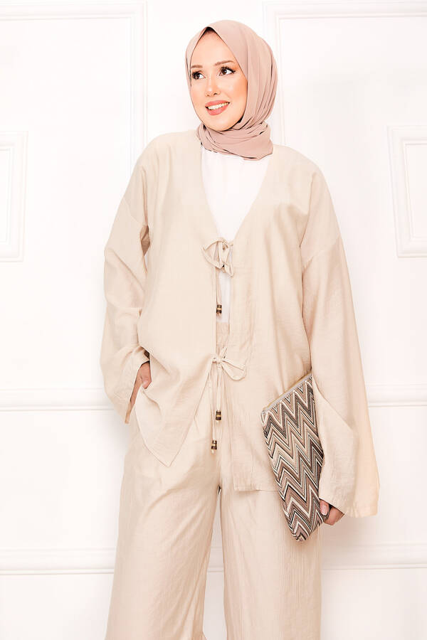 Znk - Önden Bağcık Detaylı Pantolonlu İkili Takım Krem (1)