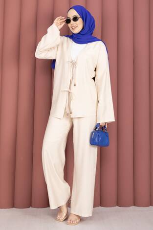 Önden Bağcık Detaylı Pantolonlu İkili Takım Krem - Thumbnail