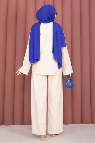 Önden Bağcık Detaylı Pantolonlu İkili Takım Krem - Thumbnail