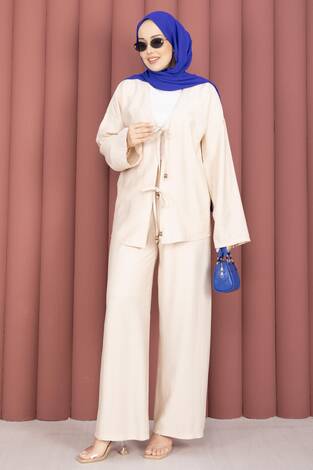Önden Bağcık Detaylı Pantolonlu İkili Takım Krem - Thumbnail