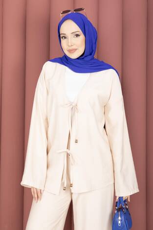 Önden Bağcık Detaylı Pantolonlu İkili Takım Krem - Thumbnail