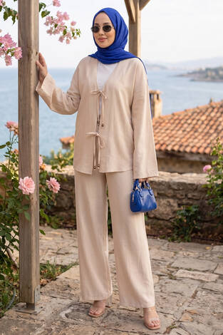 Önden Bağcık Detaylı Pantolonlu İkili Takım Krem - Thumbnail