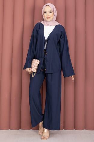 Önden Bağcık Detaylı Pantolonlu İkili Takım Lacivert - Thumbnail