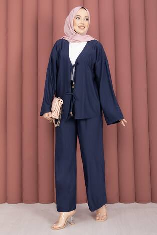 Önden Bağcık Detaylı Pantolonlu İkili Takım Lacivert - Thumbnail