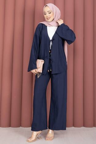 Önden Bağcık Detaylı Pantolonlu İkili Takım Lacivert - Thumbnail