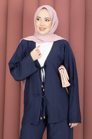 Önden Bağcık Detaylı Pantolonlu İkili Takım Lacivert - Thumbnail