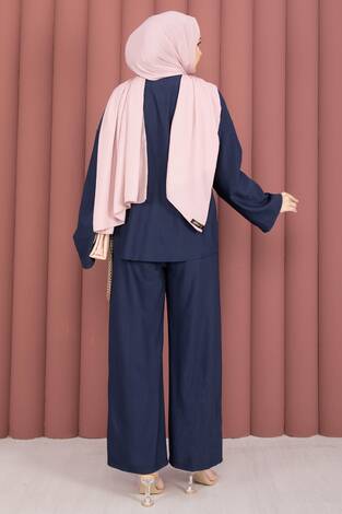 Önden Bağcık Detaylı Pantolonlu İkili Takım Lacivert - Thumbnail