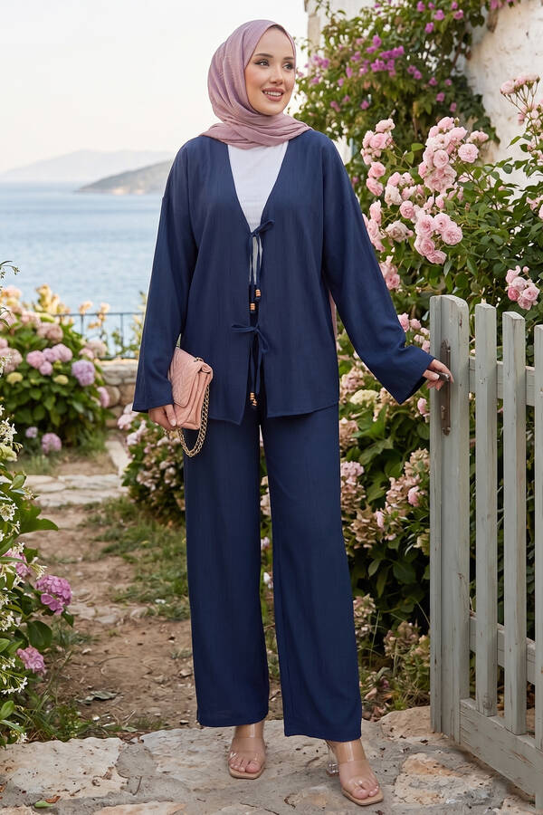 Znk - Önden Bağcık Detaylı Pantolonlu İkili Takım Lacivert
