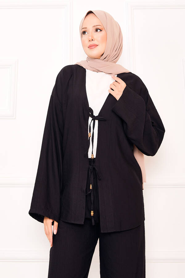 Znk - Önden Bağcık Detaylı Pantolonlu İkili Takım Siyah (1)