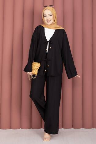 Önden Bağcık Detaylı Pantolonlu İkili Takım Siyah - Thumbnail