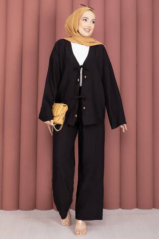 Önden Bağcık Detaylı Pantolonlu İkili Takım Siyah - Thumbnail