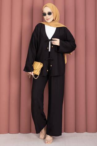 Önden Bağcık Detaylı Pantolonlu İkili Takım Siyah - Thumbnail