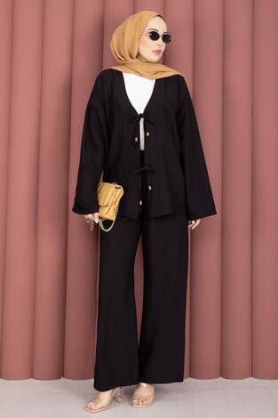 Önden Bağcık Detaylı Pantolonlu İkili Takım Siyah - Thumbnail
