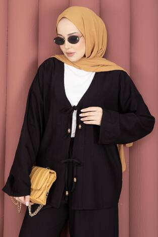 Önden Bağcık Detaylı Pantolonlu İkili Takım Siyah - Thumbnail