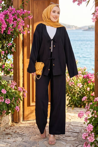 Önden Bağcık Detaylı Pantolonlu İkili Takım Siyah - Thumbnail