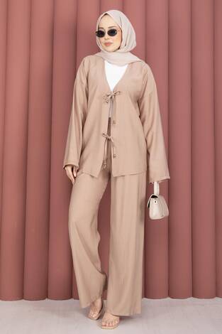 Önden Bağcık Detaylı Pantolonlu İkili Takım Vizon - Thumbnail