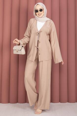 Önden Bağcık Detaylı Pantolonlu İkili Takım Vizon - Thumbnail