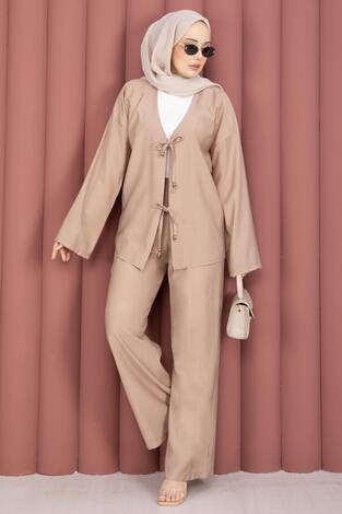 Önden Bağcık Detaylı Pantolonlu İkili Takım Vizon - Thumbnail