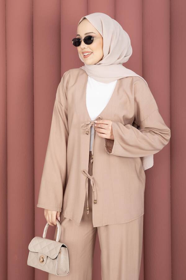 Znk - Önden Bağcık Detaylı Pantolonlu İkili Takım Vizon (1)