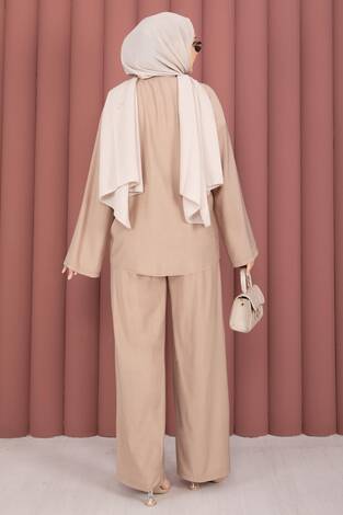 Önden Bağcık Detaylı Pantolonlu İkili Takım Vizon - Thumbnail