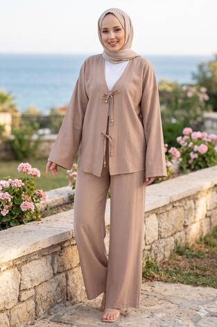 Önden Bağcık Detaylı Pantolonlu İkili Takım Vizon - Thumbnail