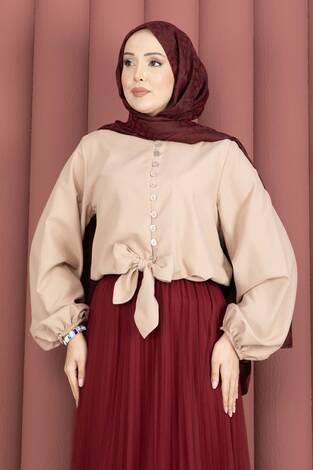 Önden Bağlamalı Etek Üstü Bluz Bej - Thumbnail