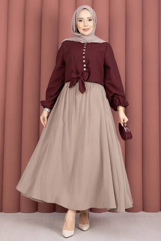 Önden Bağlamalı Etek Üstü Bluz Bordo - Thumbnail