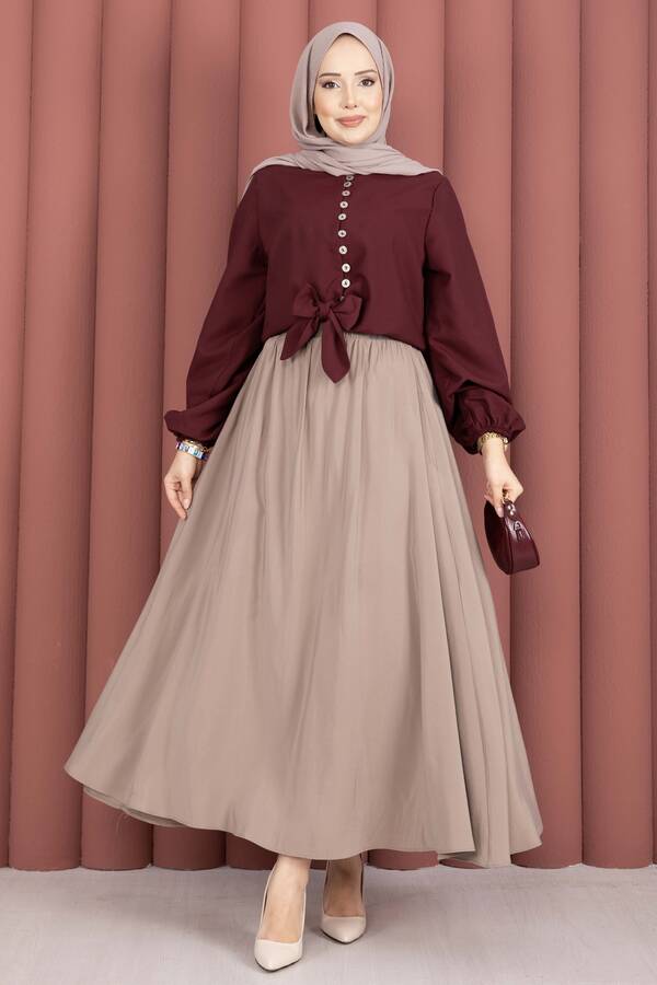 Svs - Önden Bağlamalı Etek Üstü Bluz Bordo