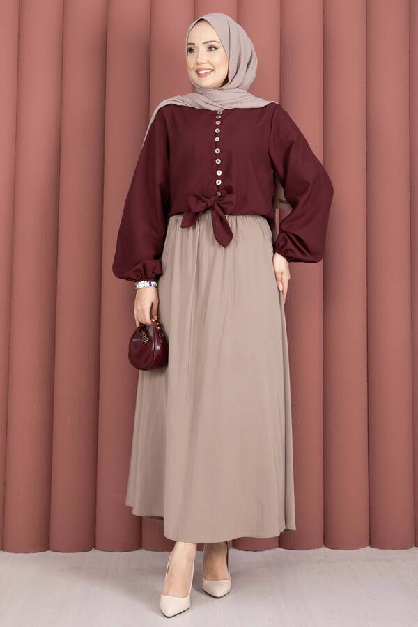 Önden Bağlamalı Etek Üstü Bluz Bordo - 3