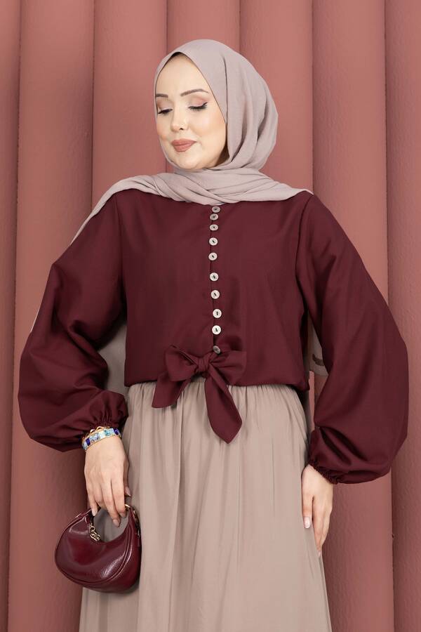 Önden Bağlamalı Etek Üstü Bluz Bordo - 4