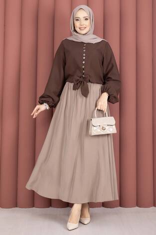 Önden Bağlamalı Etek Üstü Bluz Kahve - Thumbnail