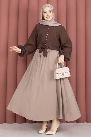 Önden Bağlamalı Etek Üstü Bluz Kahve - Thumbnail