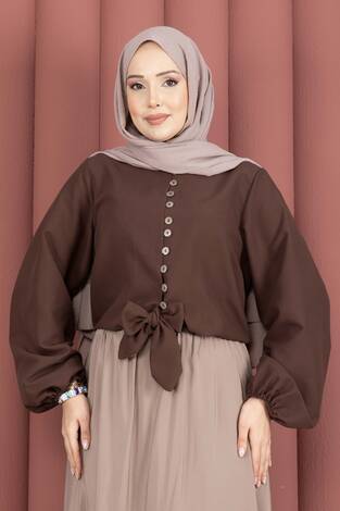 Önden Bağlamalı Etek Üstü Bluz Kahve - Thumbnail