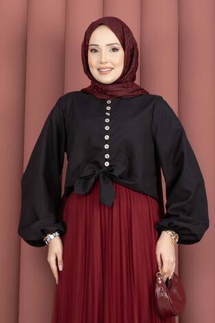 Önden Bağlamalı Etek Üstü Bluz Siyah - Thumbnail