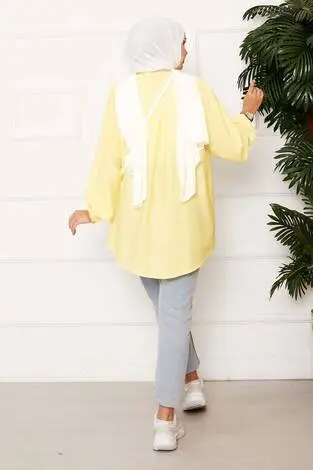 Önden Düğmeli Kimono Gömlek Açık sarı - Thumbnail