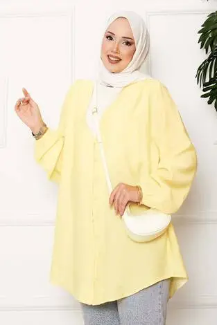 Önden Düğmeli Kimono Gömlek Açık sarı - Thumbnail