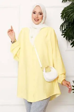Önden Düğmeli Kimono Gömlek Açık sarı - Thumbnail
