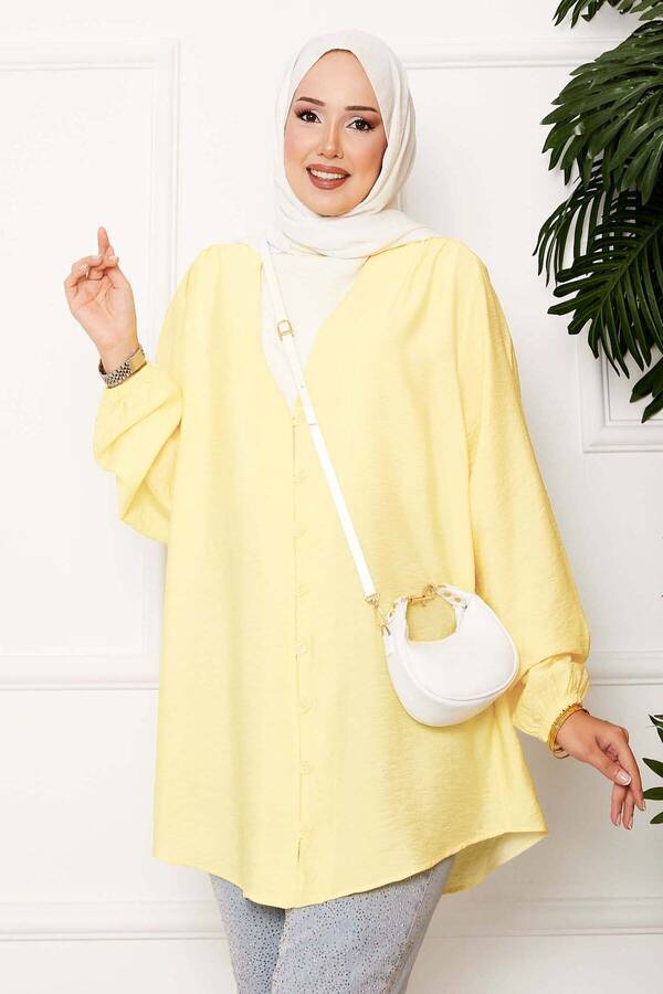 Önden Düğmeli Kimono Gömlek Açık sarı - 3