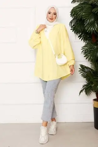 Önden Düğmeli Kimono Gömlek Açık sarı - Thumbnail