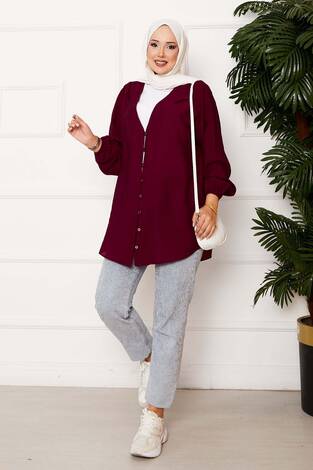 Önden Düğmeli Kimono Gömlek Bordo - Thumbnail